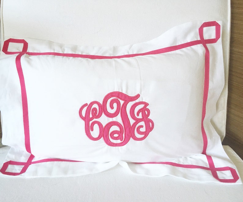 Monogram Applique Pillow Sham with Trestle Trim Pillow Monogram Bedding