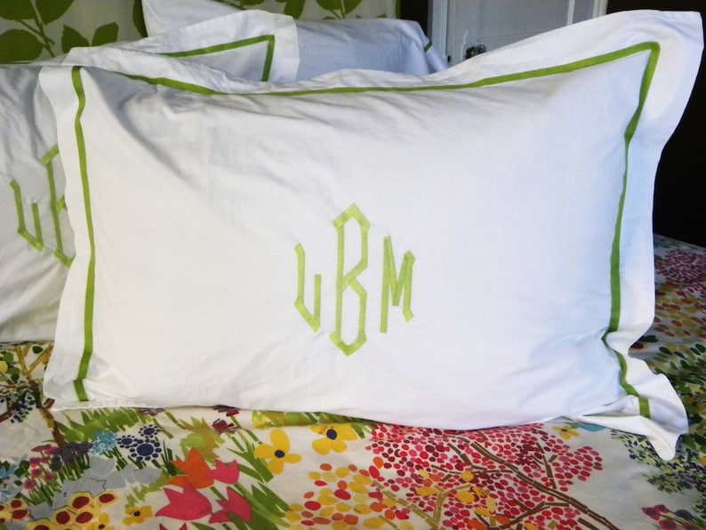 Monogram Standard Pillow Sham with Ribbon Trim \/ Monogram Bedding \/ Wedding Gift \/ Graduation Gift