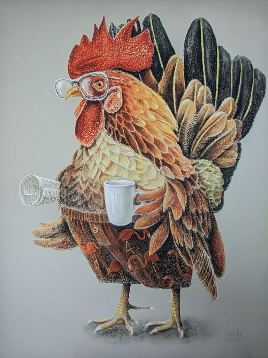 Rooster Drinking Coffee Print for Kitchen Room Rooster Painting Print ...