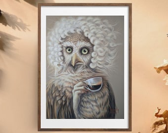 Pintura original de búho con taza de café para la cocina y la sala, pintura original de búho rizado en tonos pastel suave para decoración de pared.