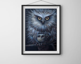 Búho con una taza de café / Pintura original