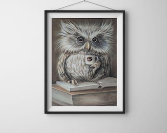 Búho con una taza de café (impresión giclée)