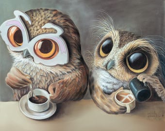 Two Owl Coffee Lovers | Giclée Print | Whimsical Coffee Artwork