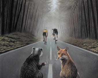 Funny Animal Original Painting | Fox and Badger Art | Whimsical Woodland Art | Cycling Humor