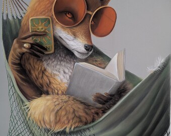 Original Fox Painting | Whimsical August Mode Art | Hammock And Reading Lover