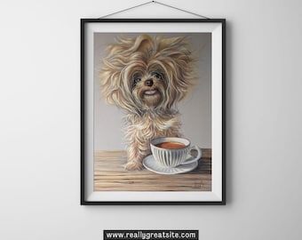 Retrato artístico de Yorkshire Terrier con taza de café, decoración de pared para el hogar, arte mural, decoración de animales, decoración de pared de cocina