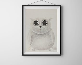 Arte de gato blanco / Impresión giclée