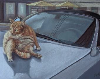 Original Ginger Cat On A Car Art | Lustige Ingwer Katze | Pastell Ginger Wilde Katze | Geschenk für Ihren Freund