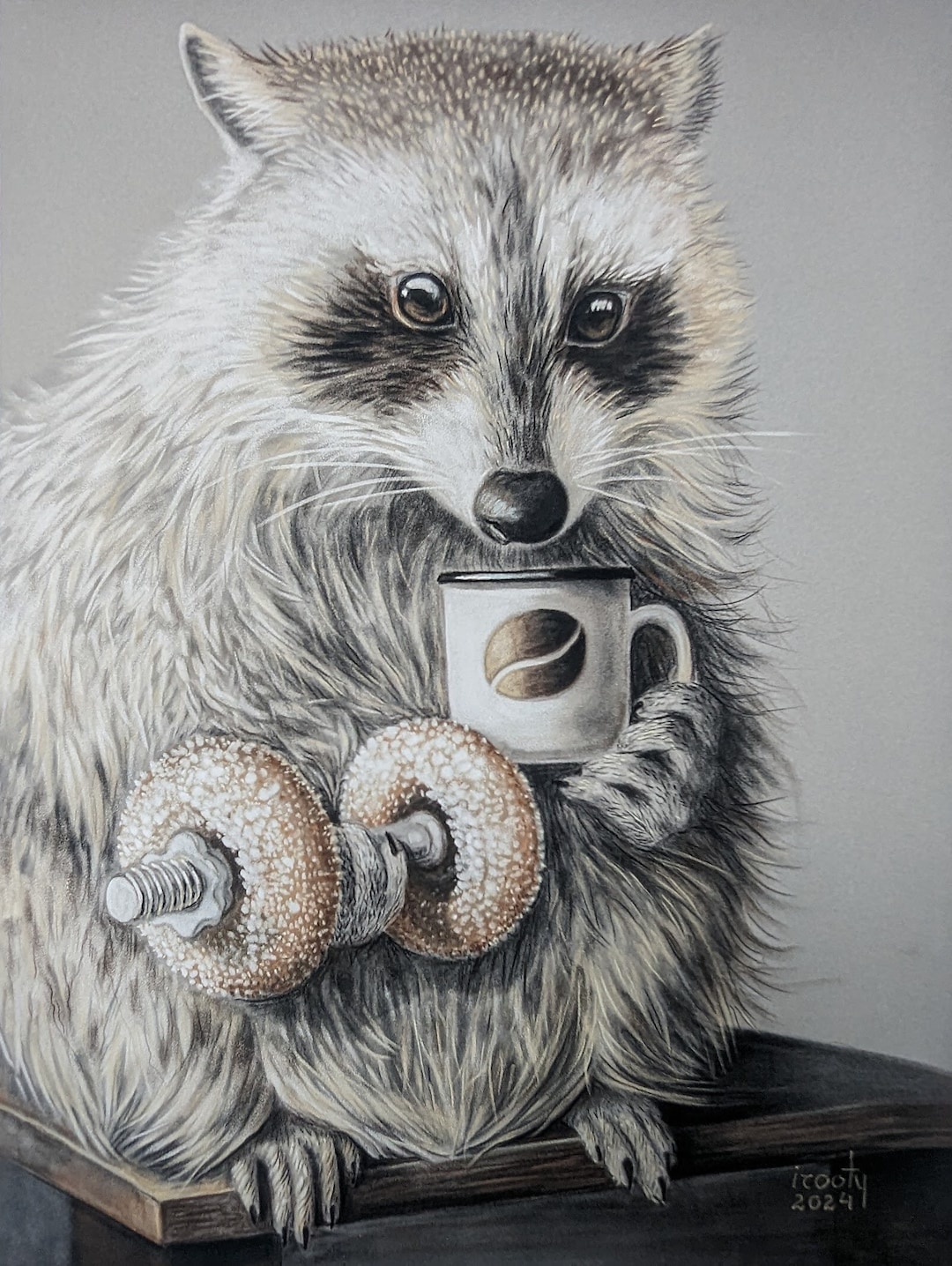 Raccoon With Coffee Cup and Donut Art Print for Kitchen Room Soft ...
