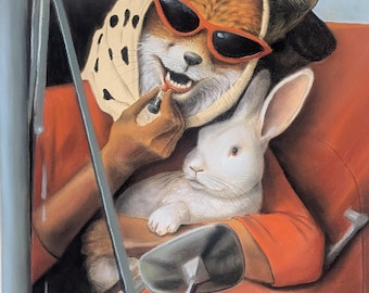 Hand-Painted Fox Original Painting | Funny Animal Art | Whimsical Fox and Rabbit Artwork | Summer Wall Art  (Mi-Teintes Touch Paper)