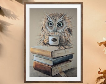 Búho con taza de café (impresión giclée)