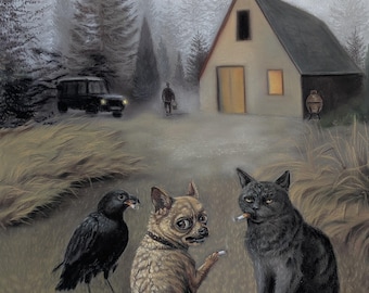 What Are You Looking At? | Original Dark Humor Animal Painting | Black Cat Crow and Dog Art | Gothic Whimsical Wall Art