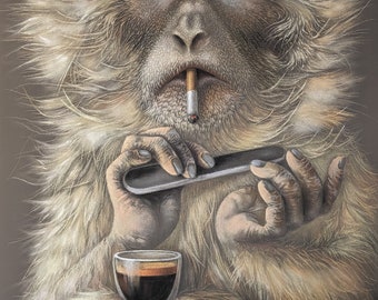 Original Affe Mit Kaffee Gestaltung Nägel Gemälde Für Küche Zimmer | Affe Maniküre Gemälde | Geschenk für Affenliebhaber