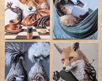 Set of 8 Fox Art Postcards And One Charming Chickens | Illustrated Postcard Collection | A6 Greeting Cards