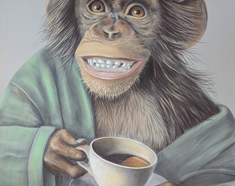 Original Monkey In Bathrobe Art | Monkey Holding Cup Of Coffee Painting | Monkey With Hair Roller Drawing | Gift For Monkey Lovers