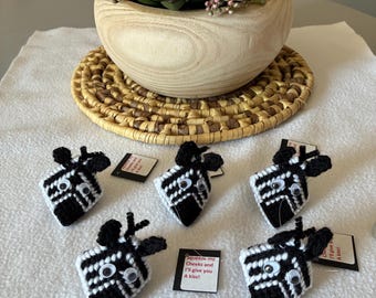 Zebra, Handmade Ornament/ Gift Tag "Squeeze my cheeks" w/candy KISS! Plastic canvas
