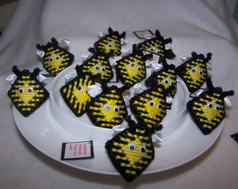Bumble Bee Handmade Ornament/ Gift Tag "Squeeze my cheeks" holds Hershey Kiss-- Plastic canvas