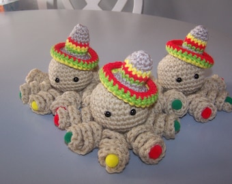 Mexican Fiesta Octopus with sombrero, Amigurumi Crochet, Cinco de Mayo, Festive Kitchen decor, wreath decor, gag gift, child toy