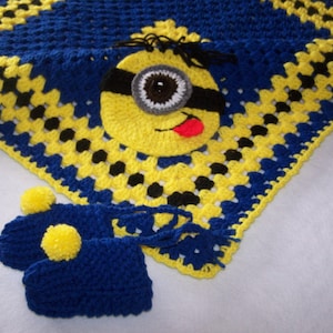 Hand Crocheted Minion Granny Square Baby Blanket/ Afghan plus Knit booties,