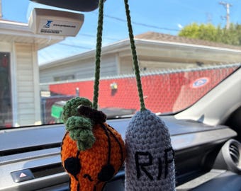 Skeleton Pumpkin and RIP Headstone Car Mirror Decor, Amigurumi Crochet, Novelty, Car Deco, Halloween