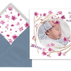 Baby Announcement Card Watercolour Blossom Design image 1