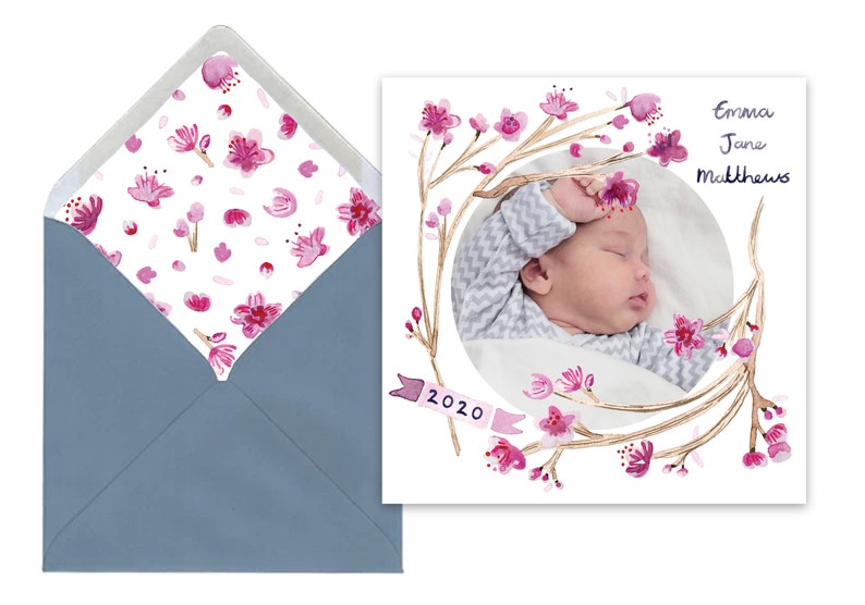 Baby Announcement Card Watercolour Blossom Design image 1