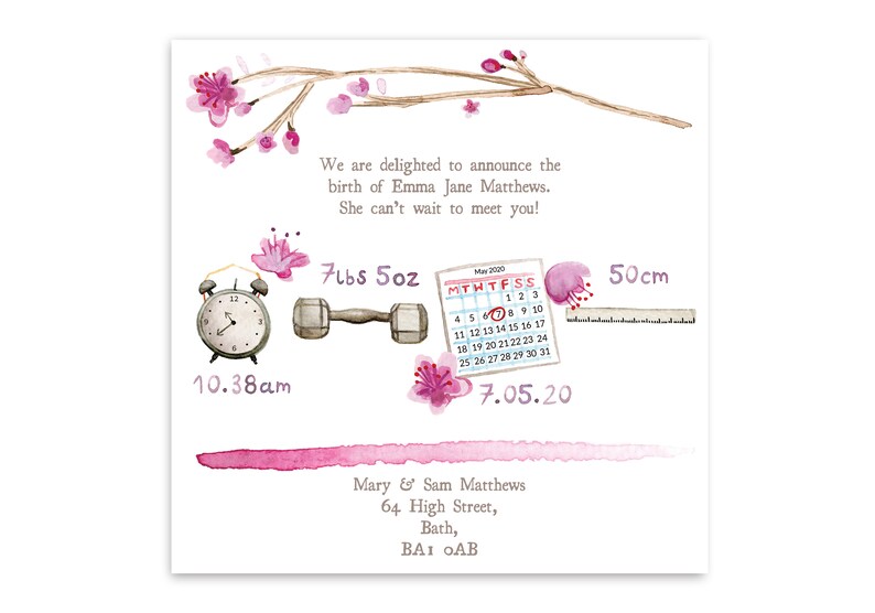 Baby Announcement Card Watercolour Blossom Design image 5