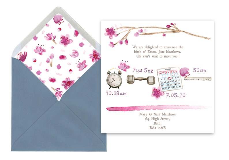 Baby Announcement Card Watercolour Blossom Design image 2