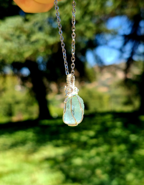 Rough Aquamarine Wire Wrapped Pendant, Aquamarine Necklace, March