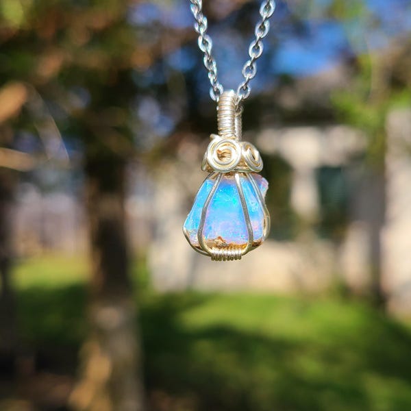 Rough Ethiopian Opal Wire Wrapped Pendant, Ethiopian Opal, Rainbow Stone Pendant, Blue Opal, Oct Birthstone, 14th anniversary Stone