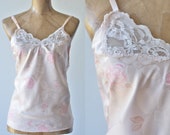 80s vintage pink rose camisole, by Samye, size large, beige camisole, peach camisole, floral camisole, satin camisole, adjustable straps