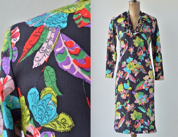 60s Vintage VIBRANT PSYCHEDELIC BOTANICAL Midi Dre