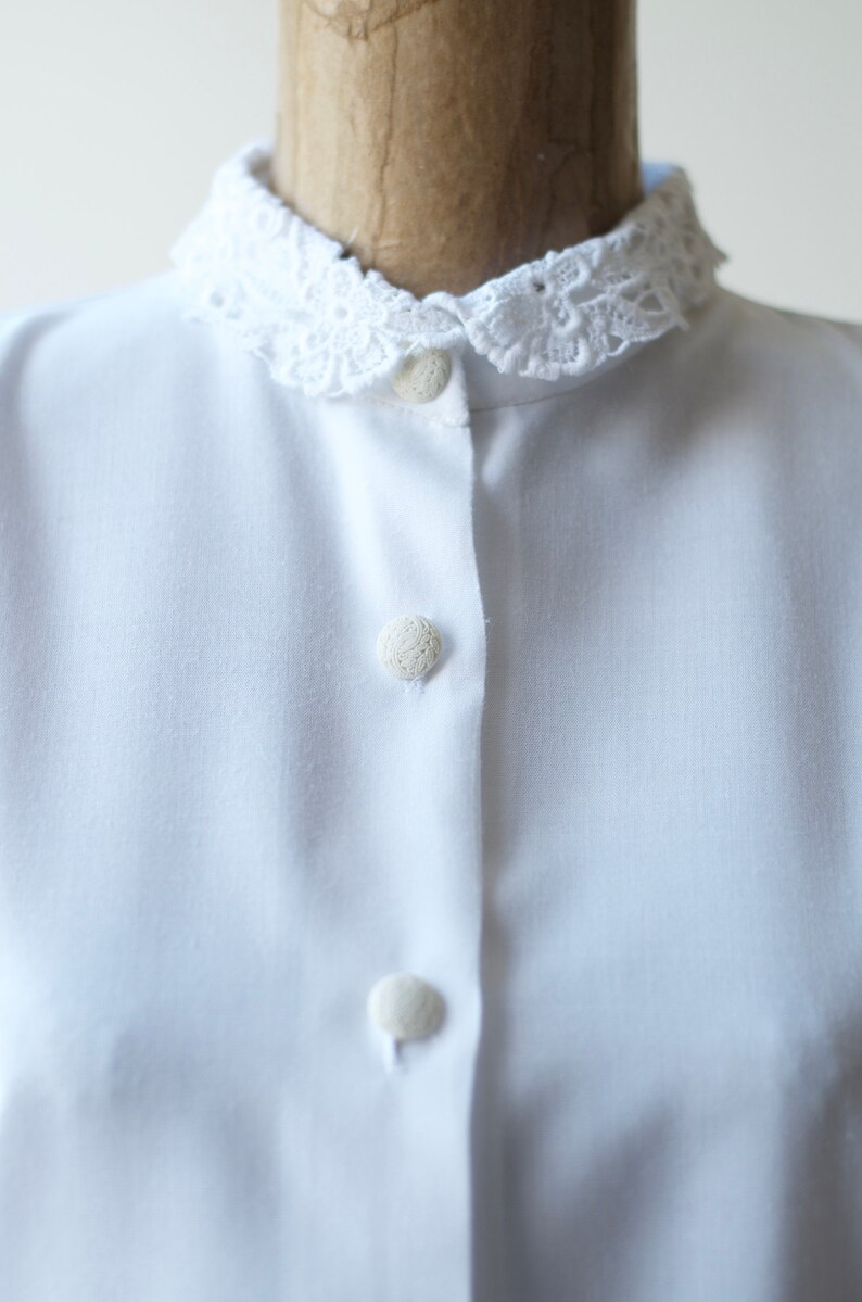 80s Vintage WHITE VICTORIAN BLOUSE by Spotlight Lace Peter Pan Collar Short Sleeves Carved Button Up Shirt Shoulder Pads Cottage Chic Top