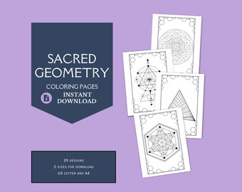 Páginas para colorear de geometría sagrada: Descarga digital, Páginas para colorear de patrones geométricos, Dos tamaños