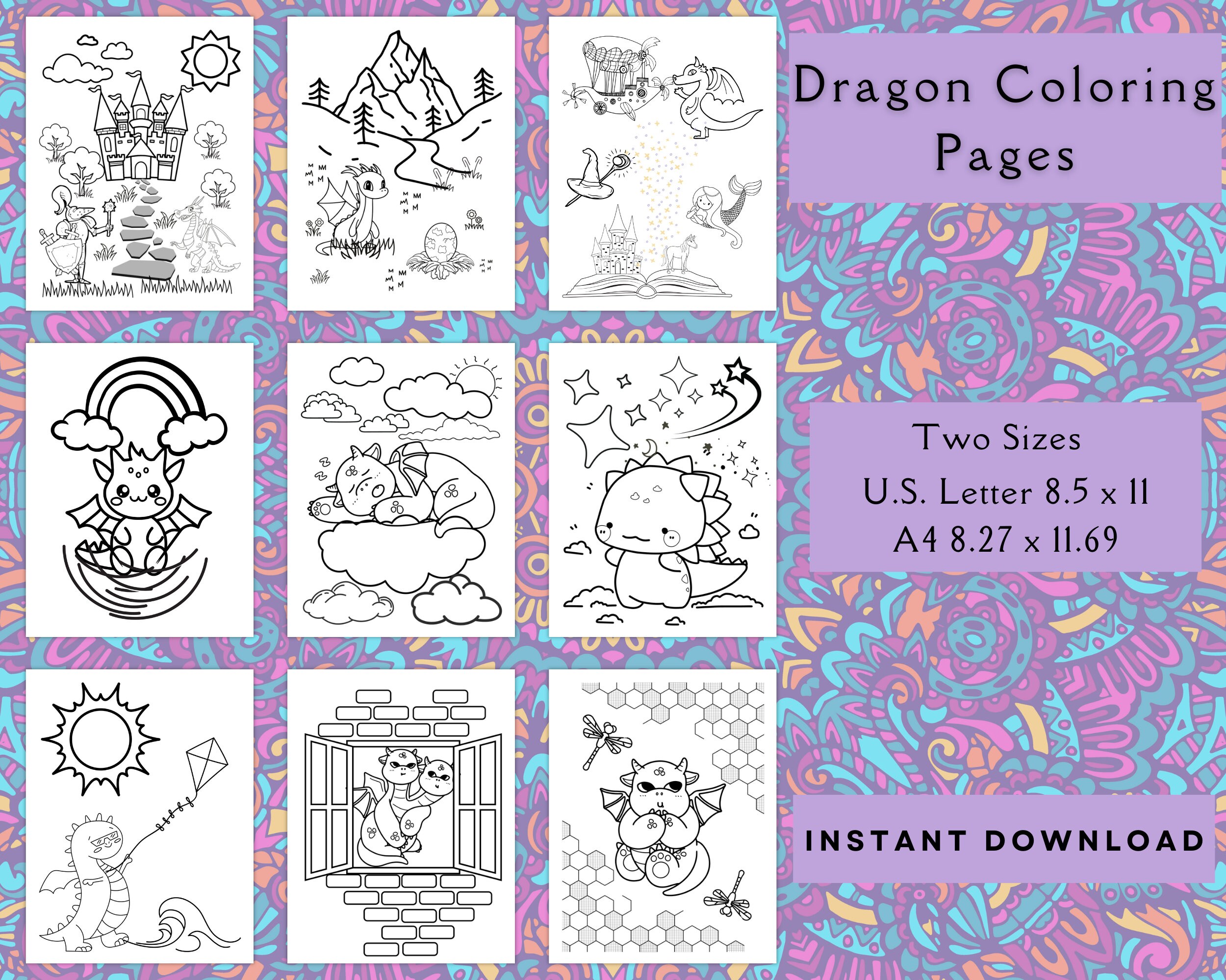 Printable Dragon Coloring Pages Cute Dragon Coloring Pages - Etsy