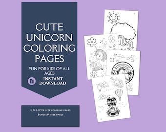 Cute Unicorn Coloring Pages - Digital Download | Unicorn Coloring Pages for Kids | Printable Unicorn Coloring Pages