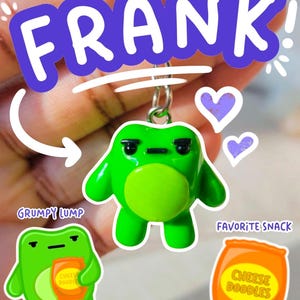 May include: A green frog-shaped keyring with a grumpy expression, the name "FRANK!" in purple, and the words "GRUMPY LUMP" and "FAVORITE SNACK" with illustrations of cheese doodles. The keyring is attached to a silver ring.
