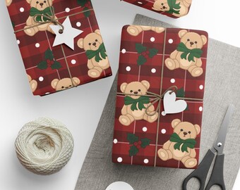 Vintage Plaid Teddy Bear Christmas Wrapping Paper
