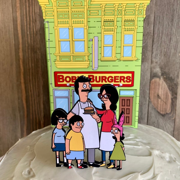 Decoración para tarta con diseño de Bob's Burgers Storefront con la familia Belcher/papel mate