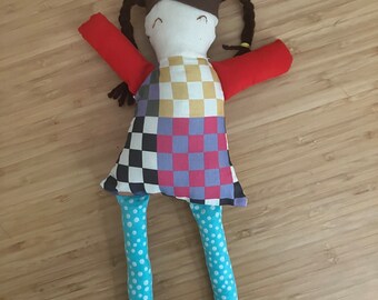 Ready to ship// Addie Doll, Handmade Plush Doll, Fabric Rag Doll, Brunette Doll, Child Friendly, Toddler Gift, Baby Shower Gift