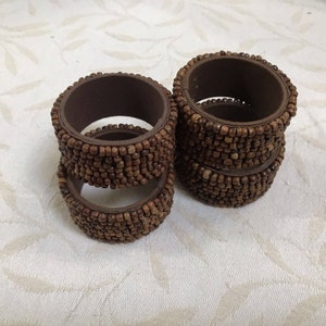 Brown Wooden Seed Bead Napkin Rings Round Holders Vintage Set of 4