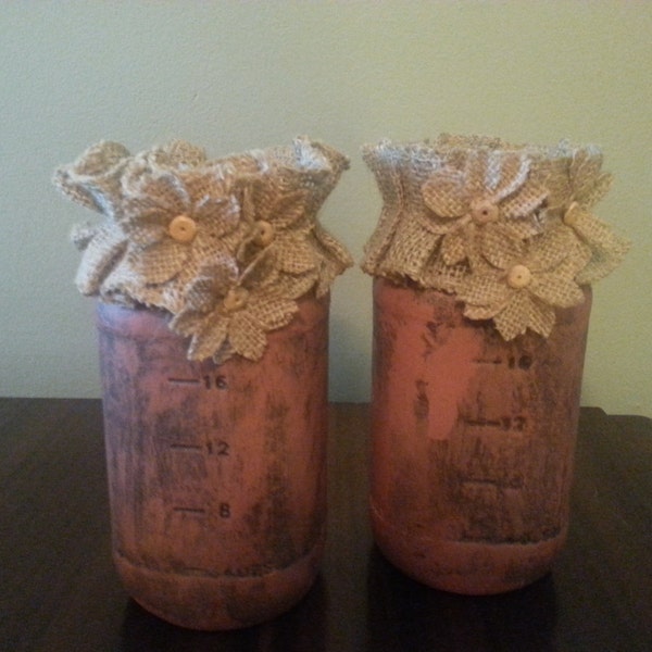 Set of 2 Pink Colored Painted Quart Sized Mason Jars