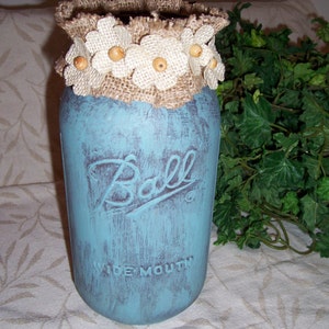 Distressed Painted Mason Jar- 2 Quart Sized Blue Colored