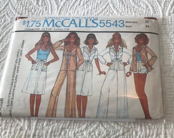 UNCUT!! Vintage 1977 McCall's 5543 Retro Shirt, Wrap-Skirt, Pants or Shorts & T-Shirt Sewing Pattern Size 12