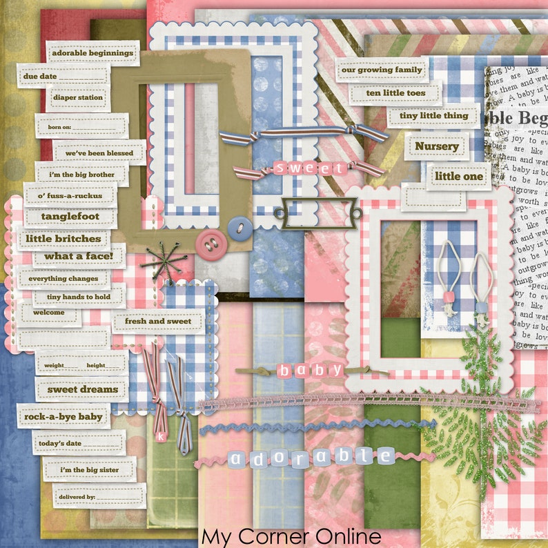 Pode incluir: Um pacote de papel digital para scrapbooking com um esquema de cores rosa, azul e verde. Os pap&eacute;is apresentam padr&otilde;es de xadrez, desenhos florais e texto que diz "adorable beginnings", "sweet", "baby", "nursery", "little one" e "My Corner Online".