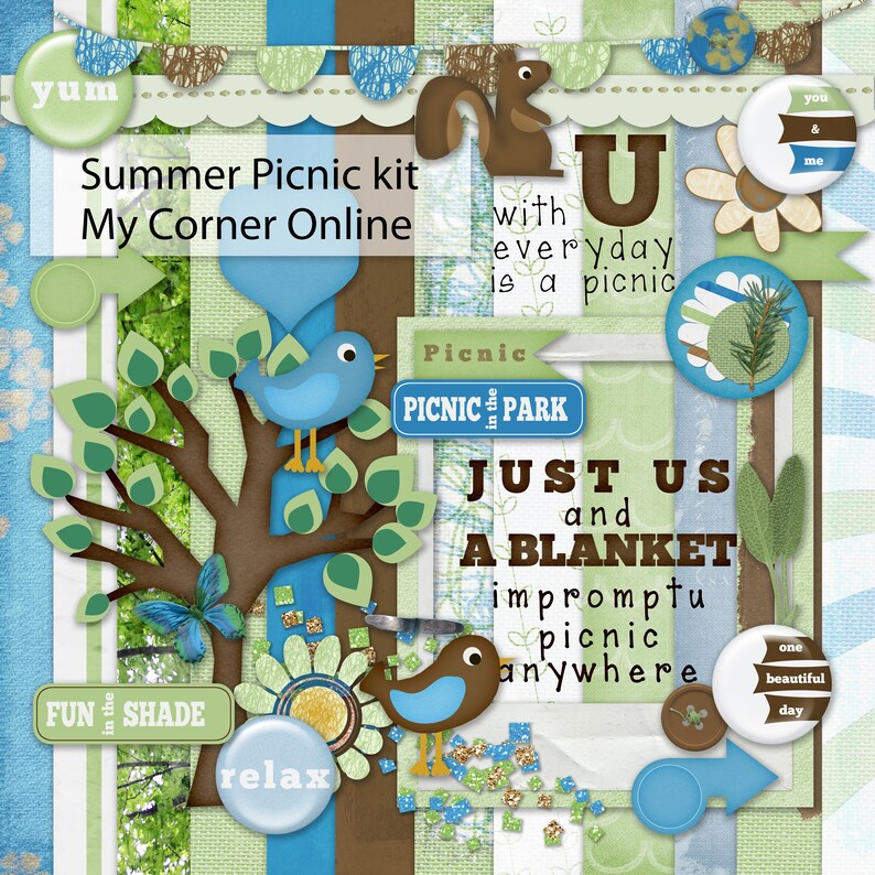 Op de afbeelding: Een digitale collage met een zomerpicknickthema. De collage toont een blauwe vogel, een eekhoorn, een bloem en de tekst "Summer Picnic kit My Corner Online".