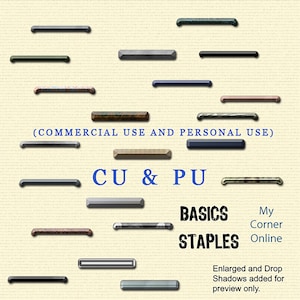 Peut inclure: Une collection de 18 formes rectangulaires de couleurs et de textures différentes, avec le texte "(COMMERCIAL USE AND PERSONAL USE) CU & PU BASICS STAPLES My Corner Online Enlarged and Drop Shadows added for preview only."