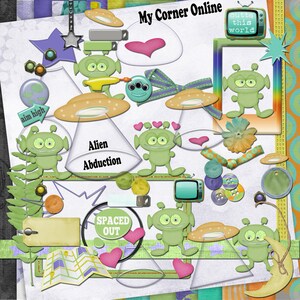 Puede incluir: Un kit de scrapbooking digital con tem&aacute;tica espacial. El kit incluye im&aacute;genes de extraterrestres, naves espaciales, estrellas, planetas y otros objetos relacionados con el espacio. El kit tambi&eacute;n incluye elementos de texto como "My Corner Online", "Alien Abduction", "Spaced Out" y "Outta this world".
