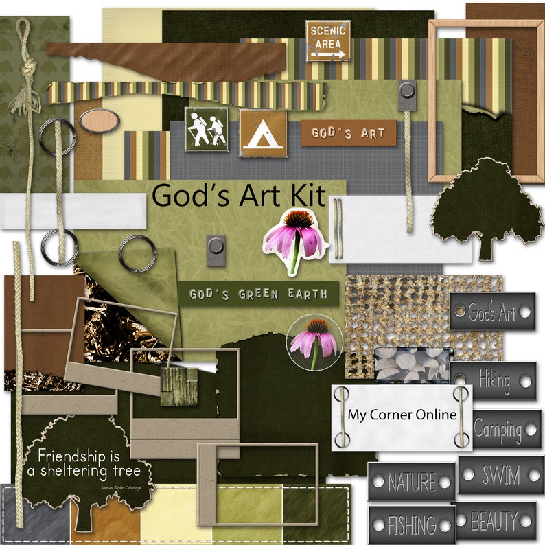 May include: A digital scrapbooking kit with a nature theme. The kit includes images of trees, flowers, and other natural elements. The kit also includes text elements such as "God's Art", "God's Green Earth", and "Friendship is a sheltering tree".