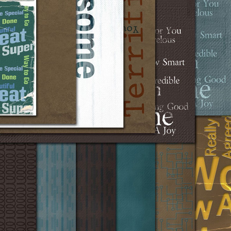 May include: A collage of digital papers with various textures and patterns. The papers feature different colors, including brown, blue, and gray. Some of the papers have text, such as "some", "Territ", and "Really Agreed".
